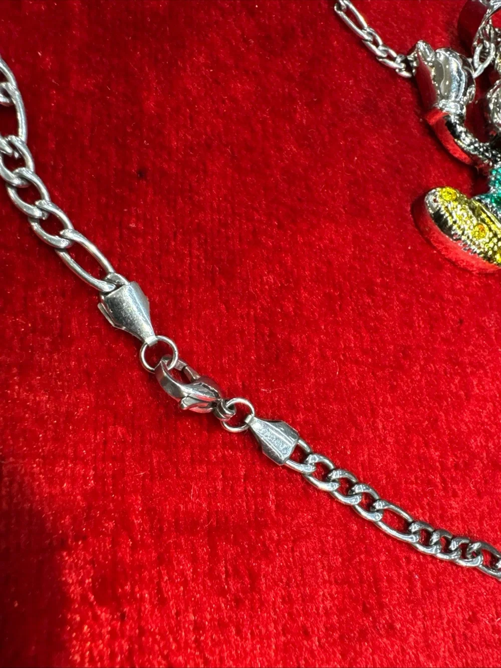 Colorful CZ Mouse Character Pendant Figaro Chain Silver Tone Fashion Necklace